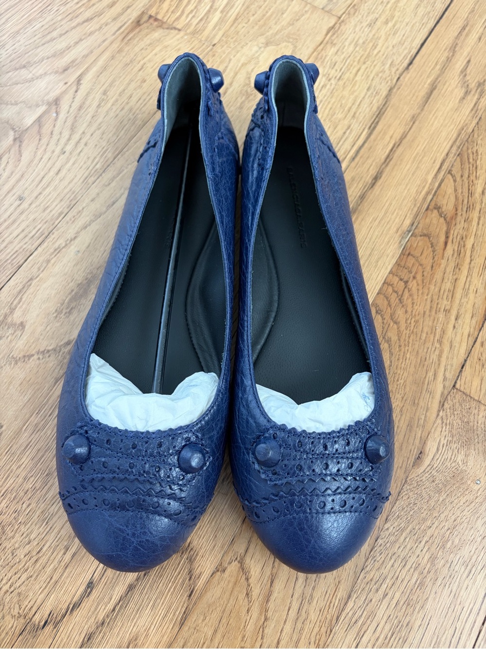Balenciaga Navy Leather Ballet Flats with Button Detail